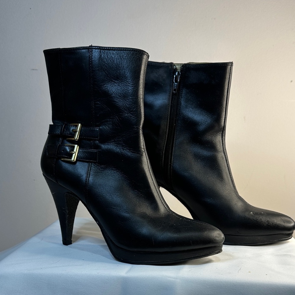 Kelly & Katie Black Heeled Boots with Gold Buckles